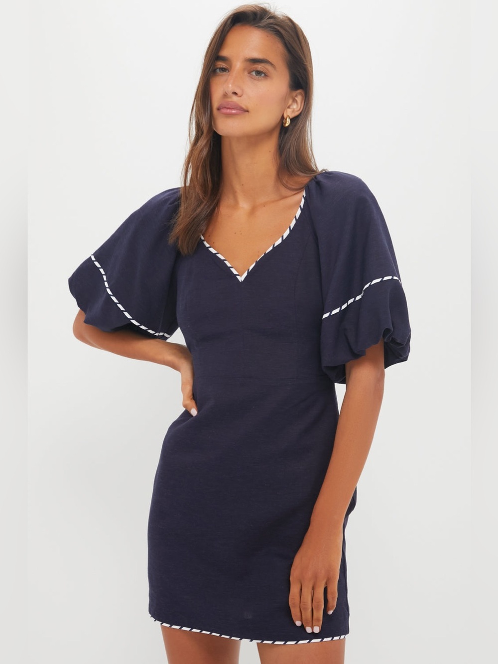 Hyacinth House Navy with Striped Piping Keel Mini Dress, Size Small